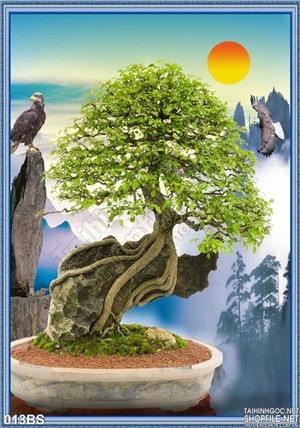 Tranh bonsai và hòn lăng bộ psd
