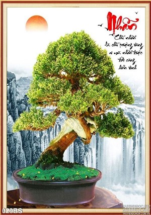 Tranh bonsai và thác nước chữ nhẫn