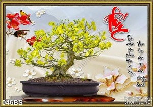 Tranh bonsai hoa mai tài lộc