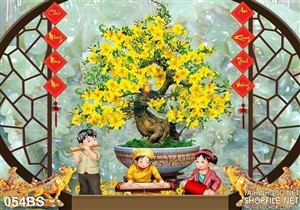 Tranh bonsai mai và những cậu bé cô bé