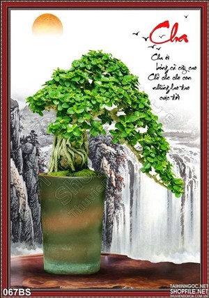 Tranh bonsai bên thác nước chữ cha