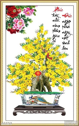 Tranh bonsai hoa mai chữ thư pháp đẹp