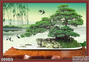 Tranh bonsai lâu năm và hồ nước đẹp
