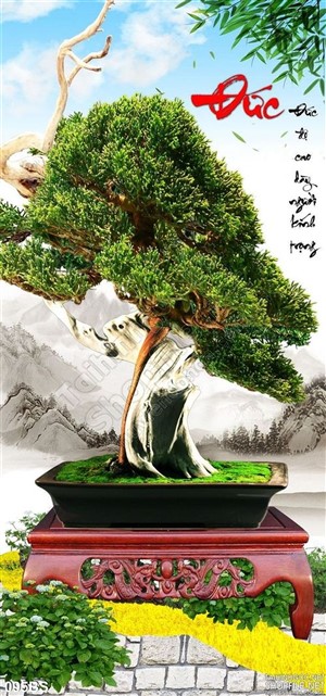 Tranh bonsai và cái bàn gỗ chữ đức