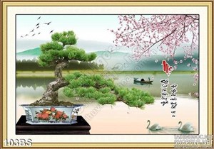 Tranh bonsai dáng đẹp và hồ nước