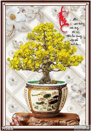 Tranh bonsai hoa mai chữ phúc ấn tượng