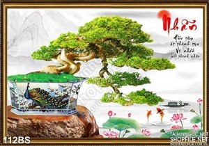 Tranh bonsai chữ nhẫn và hoa sen