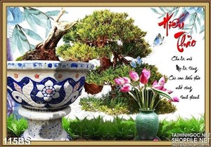Tranh bonsai chữ hiếu thảo bình hoa sen