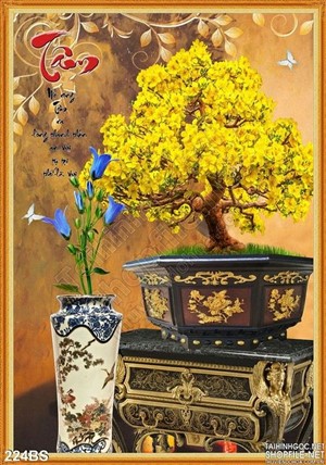 Tranh bonsai năm mới ngày tết chữ tâm