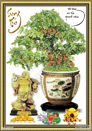 Tranh bonsai cây sung và ông phật vàng