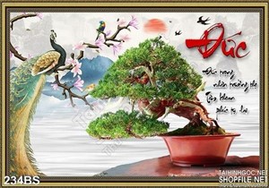 Tranh bonsai chim công và chữ đức