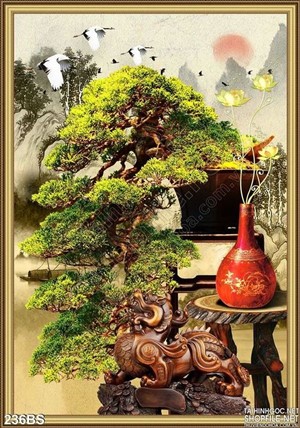 Tranh bonsai tạo dáng bên cái bình hoa cổ