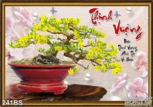 Tranh bonsai hoa mai in gạch thịnh vượng