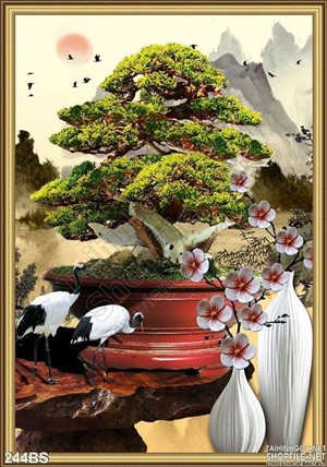 Tranh bonsai và cái chậu màu đỏ