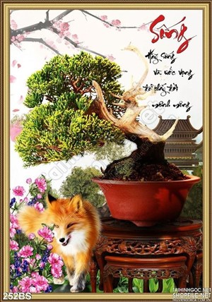 Tranh bonsai nhật bản và con cáo