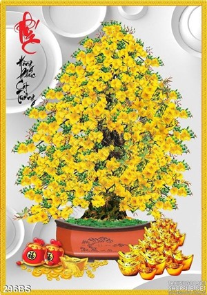 Tranh bonsai hoa mai chữ phúc và đống vàng
