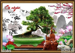 Tranh bonsai cội nguồn và đức phật bằng gỗ