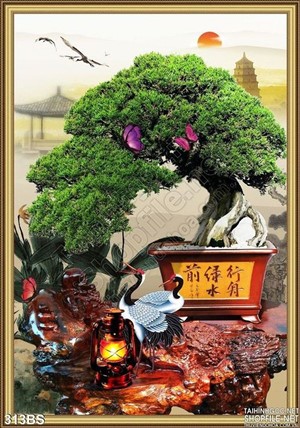 Tranh bonsai um tùm và cái bàn gỗ ấn tượng