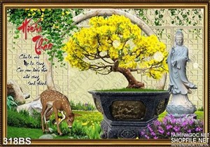 Tranh bonsai hoa mai con nai ăn cỏ in gạch