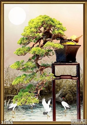 Tranh bonsai nhật bản nghệ thuật  và chim hạc