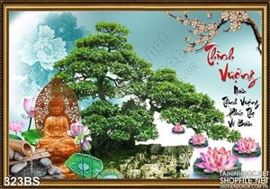 Chậu bonsai thịnh vượng và bức tượng phật
