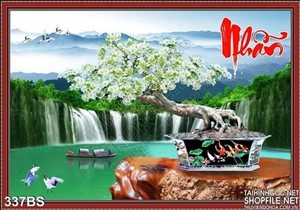 Chậu bonsai hoa mai trắng và thác nước hùng vĩ