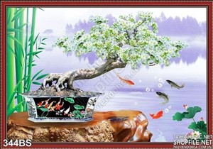 Chậu bonsai hoa mai trắng và cá chép