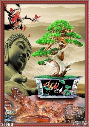 Chậu bonsai nghệ thuật và bức tượng phật