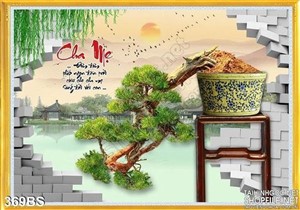 Chậu bonsai tỏa bóng mát và hồ nước psd