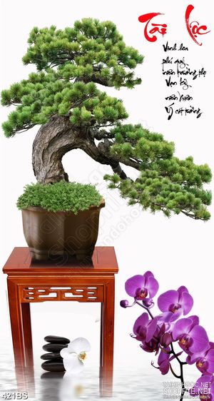 Tranh chậu bonsai nghệ thuật bên chữ tài lộc psd mừng xuân
