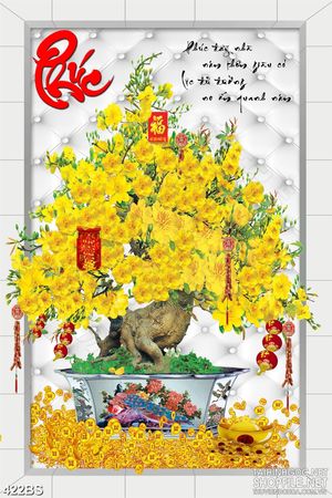 Tranh bonsai 3d chậu hoa mai vàng  nở rộ chúc tết dán tường