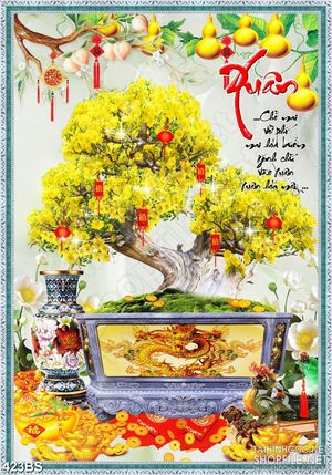 Tranh bonsai in uv dán tườngchậu mai vàng bên chữ thư pháp xuân