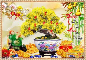 Tranh chậu bonsai dán tường mai vàng bên kim tiền trang trí in 5d