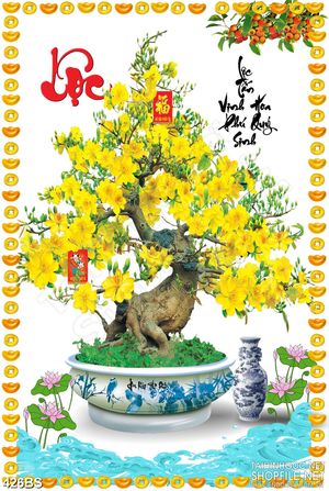 Tranh chậu bonsai phong thủy dán tường mai vàng phát tài phát lộc