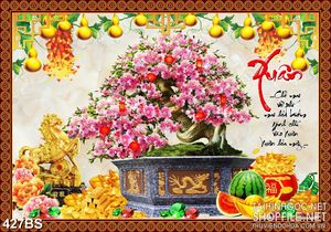 Tranh bonsai decor chậu hoa đào nở rộ bên chữ xuân treo tường