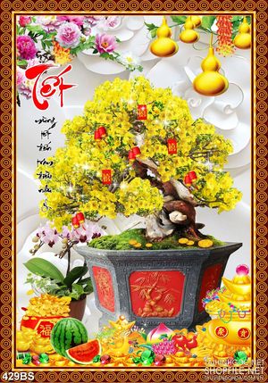 Tranh chậu bonsai mai vàng khoe sắc bên chữ thư pháp tết in lụa