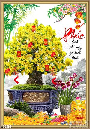Tranh chậu bonsai psd mai vàng nở rộ bên chữ phúc treo tường