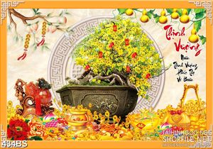 Tranh chậu bonsai mai vàng thịnh vượng đón tết in uv treo tường