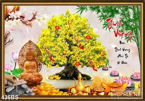 Tranh chậu bonsai mai vàng bên tượng Phật Di Lặc in gạch men