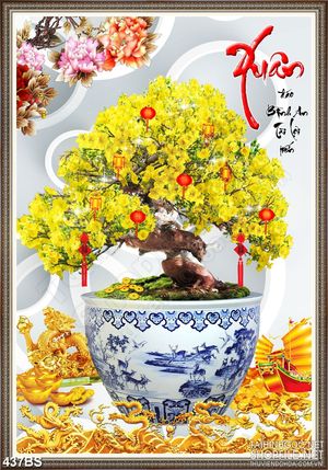 Tranh chậu bonsai phong thủy mai vàng khoe sắc đón xuân sang