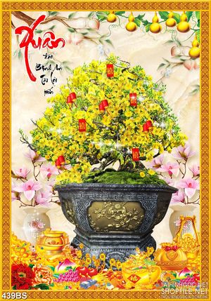 Tranh chậu bonsai psd mai vàng bên hoa bình hoa ly đón năm mới