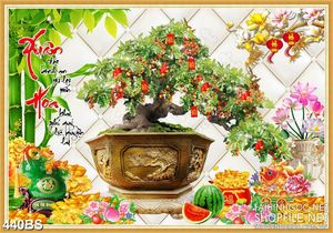 Tranh chậu bonsai dán tường đón xuân bên núi kim tiền in lụa