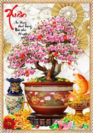 Tranh chậu bonsai hoa đào đón xuân nghệ thuật in 8d treo tường