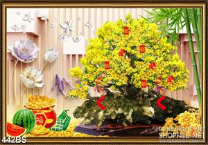 Tranh chậu bonsai wall 3d mai vàng khoe sắc bên hoa kim tiền