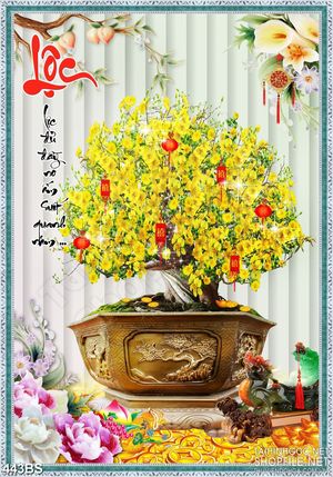Tranh chậu bonsai mai vàng mừng xuân treo câu đối đỏ in psd