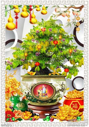 Tranh chậu bonsai treo tường cây khế treo lồng đèn đỏ trang trí