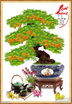 Tranh chậu bonsai dán tường cây khê ra trái vàng phong thủy