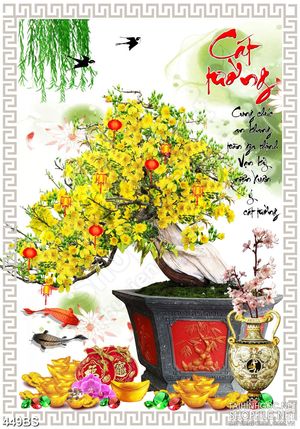 Tranh chậu bonsai decor mai vàng bên hồ cá chép 5d treo tường