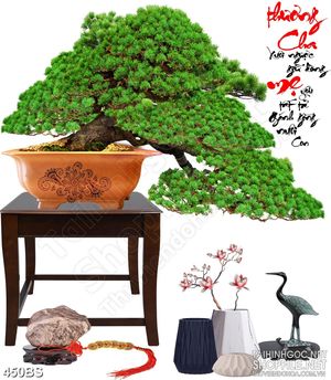 Tranh chậu bonsai bên câu đối thư pháp về tình phụ mẫu psd