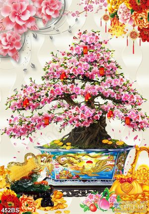 Tranh chậu bonsai nghệ thuật dán tường hoa đào khoe sắc đón tết